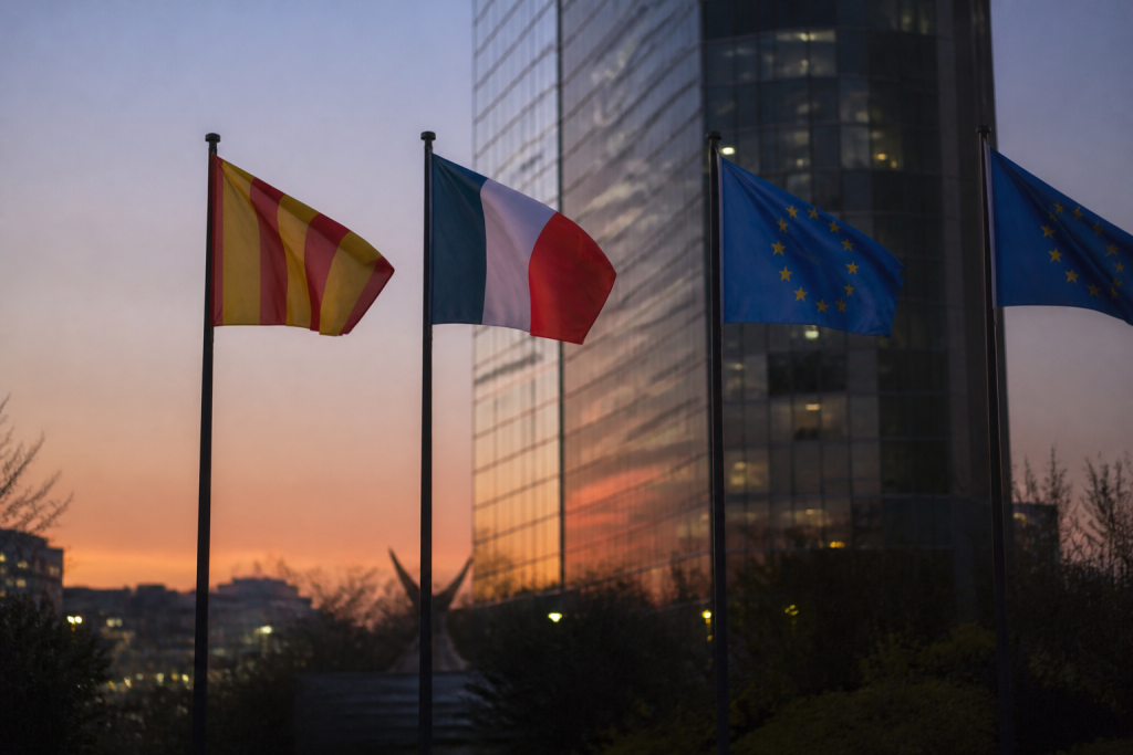 Drapeaux flottant devant une tour moderne au crepuscule