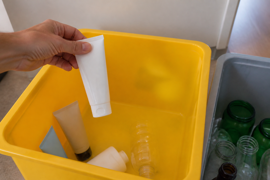 Tubes flacons cosmetiques bacs tri jaune verre